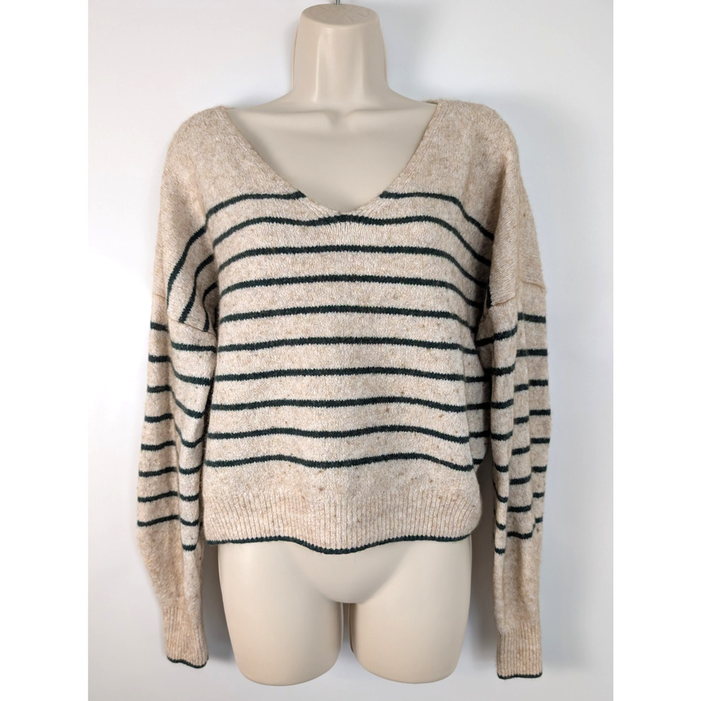 Madewell Womens V Neck Green Striped Merino Wool Boxy Sweater Sz M Holiday